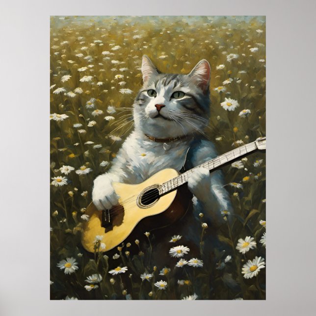 Cute Cat Kitten Playing Acoustic Guitar Poster (Front)