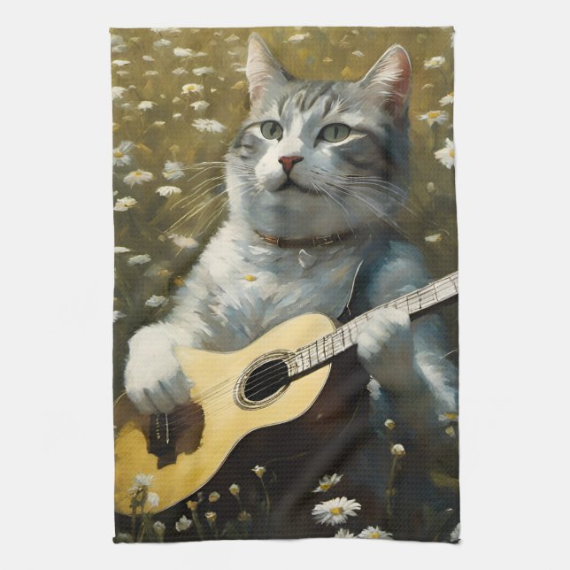 Cute Cat Kitten Playing Acoustic Guitar Tea Towel (Vertical)