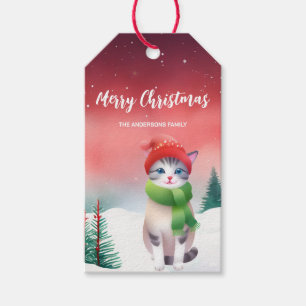 Cute cat kitten Santa Christmas party holiday kid Gift Tags