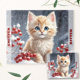 Cute Cat Kitten Winter Christmas Custom Name Jigsaw Puzzle