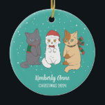 Cute Cat Kittens Christmas Snowy Winter Holiday Ceramic Ornament<br><div class="desc">Cute cartoon animal ornament for kids and children. Perfect for first Christmas celebration with family. You can customise the text for any occasion.</div>