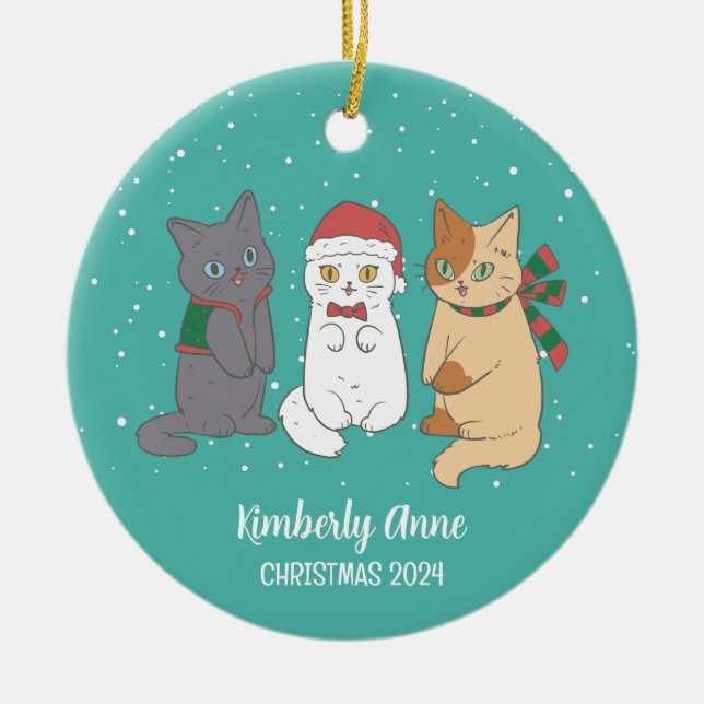 Cute Cat Kittens Christmas Snowy Winter Holiday Ceramic Ornament (Front)