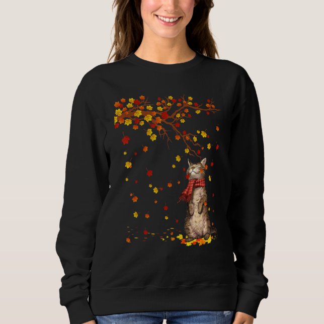 Cute Cat Kitty Autumn Fall Leaves Cat Men Women Sweatshirt (Front)