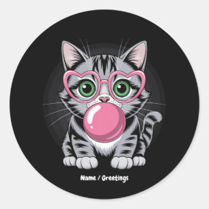 Cute Cat Kitty Eating Gum and Making Bubble Funny Classic Round Sticker
