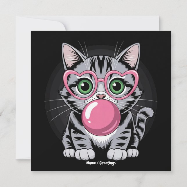 Cute Cat Kitty Eating Gum and Making Bubble Funny Invitation (Front)