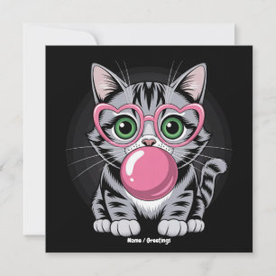 Cute Cat Kitty Eating Gum and Making Bubble Funny Invitation