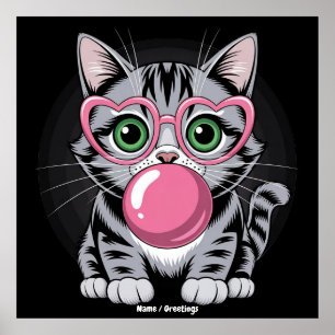 Cute Cat Kitty Eating Gum and Making Bubble Funny Poster