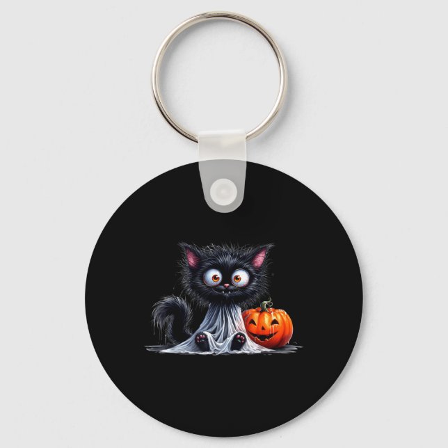 Cute Cat Kitty Ghost Halloween Black Pumpkin Key Ring (Front)
