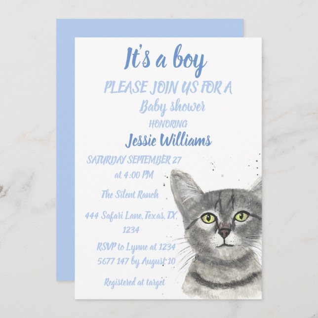 Cute Cat Kitty Kitten Blue Baby boy shower Invitat Invitation (Front/Back)