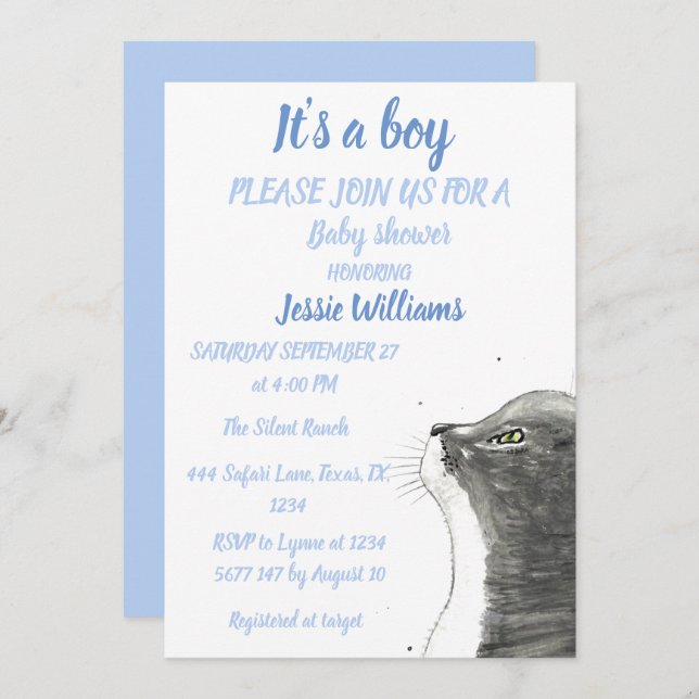 Cute Cat Kitty Kitten Blue Baby boy shower Invitation (Front/Back)