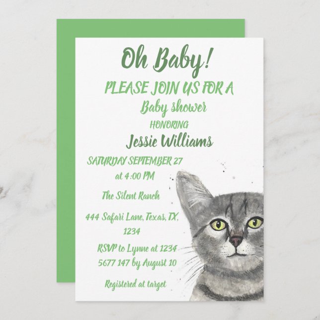 Cute Cat Kitty Kitten Green Baby boy Girl Invitati Invitation (Front/Back)