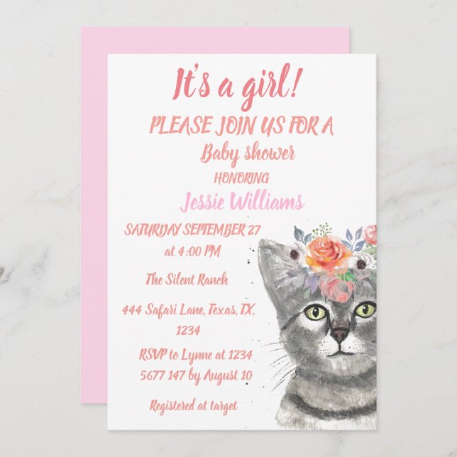 Cute Cat Kitty Kitten Pink Floral Baby Girl Boho I Invitation (Front/Back)