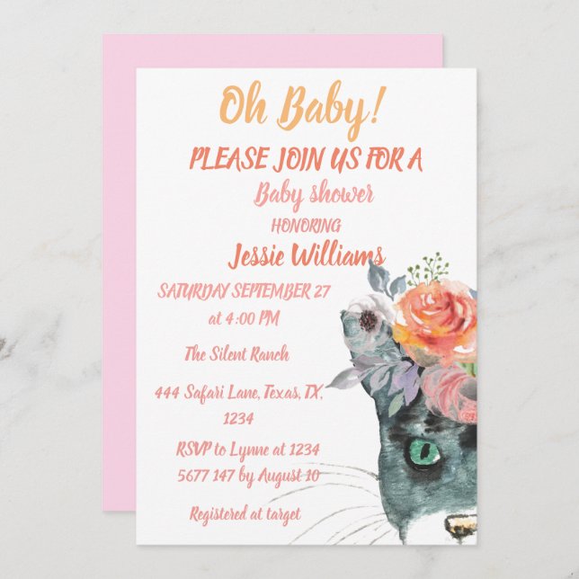 Cute Cat Kitty Kitten Pink Floral Baby Girl Boho  Invitation (Front/Back)