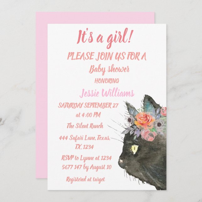 Cute Cat Kitty Kitten Pink Floral Baby Girl Boho Invitation (Front/Back)