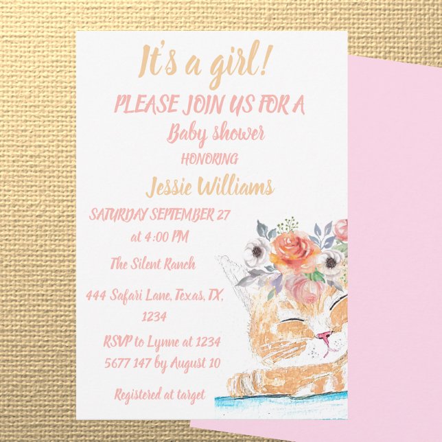 Cute Cat Kitty Kitten Pink Floral Baby Girl Boho Invitation (Creator Uploaded)