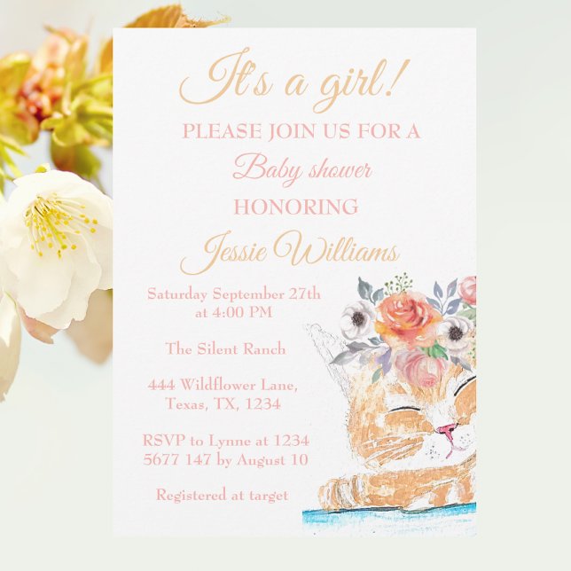 Cute Cat Kitty Kitten Pink Floral Baby Girl Boho Invitation (Creator Uploaded)