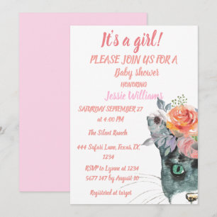 Cute Cat Kitty Kitten Pink Floral Baby Girl Boho Invitation