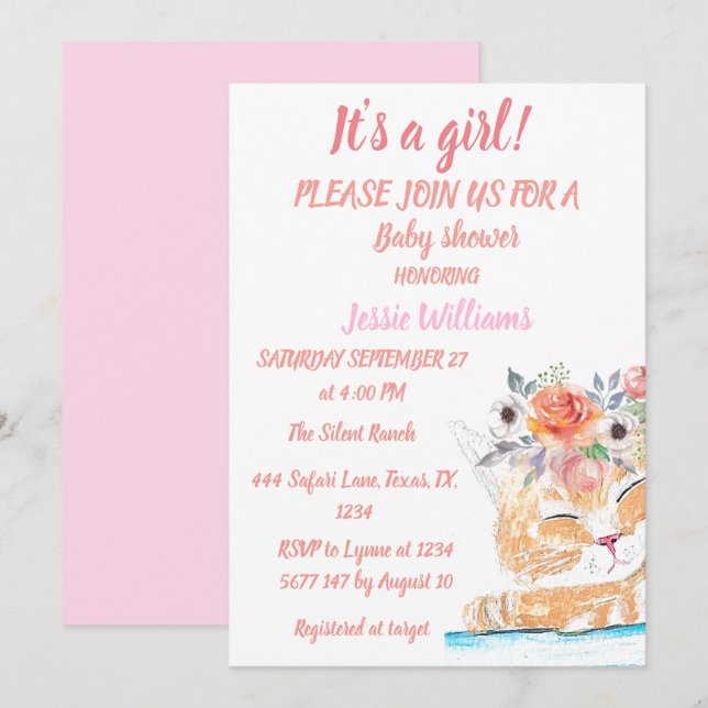 Cute Cat Kitty Kitten Pink Floral Baby Girl Boho  Invitation (Front/Back)