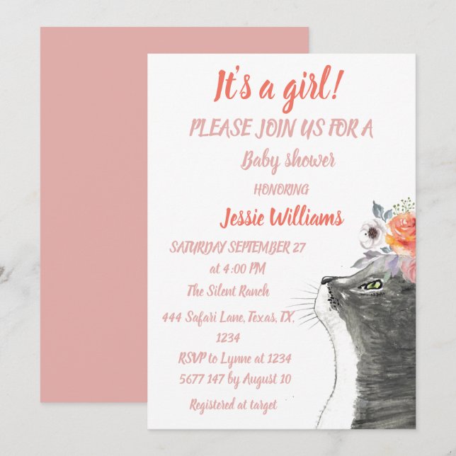 Cute Cat Kitty Kitten Pink Girl Baby Shower  Invit Invitation (Front/Back)