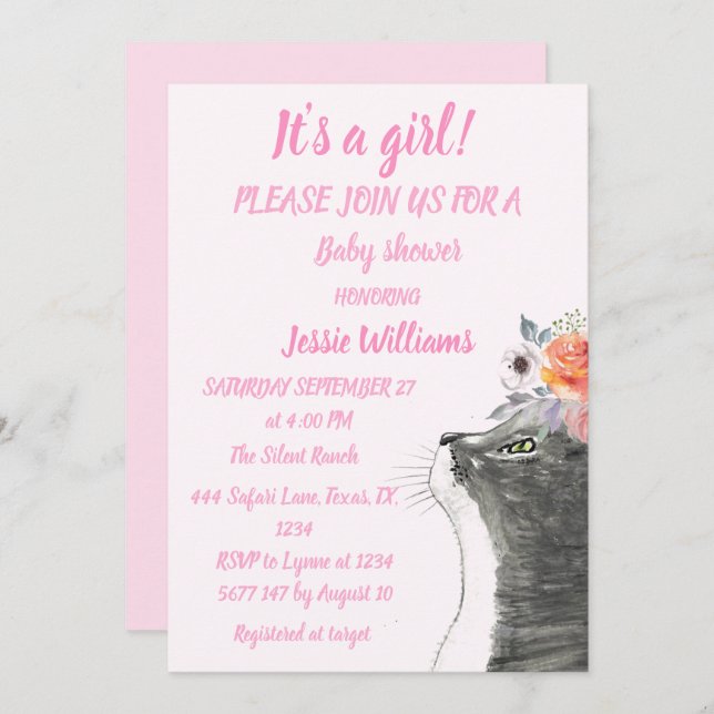 Cute Cat Kitty Kitten Pink Girl Baby Shower Invitation (Front/Back)