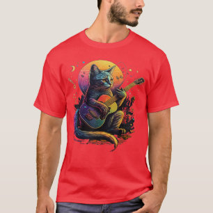 Cute Cat Kitty Playing Guitar Vintage Cats Lover G T-Shirt