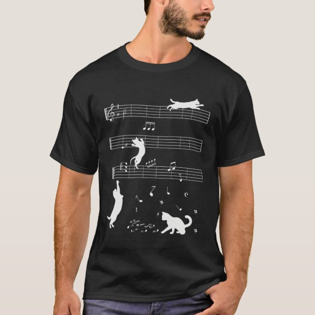 Cute Cat Kitty Playing Music Note Clef Musician T-Shirt (Front)