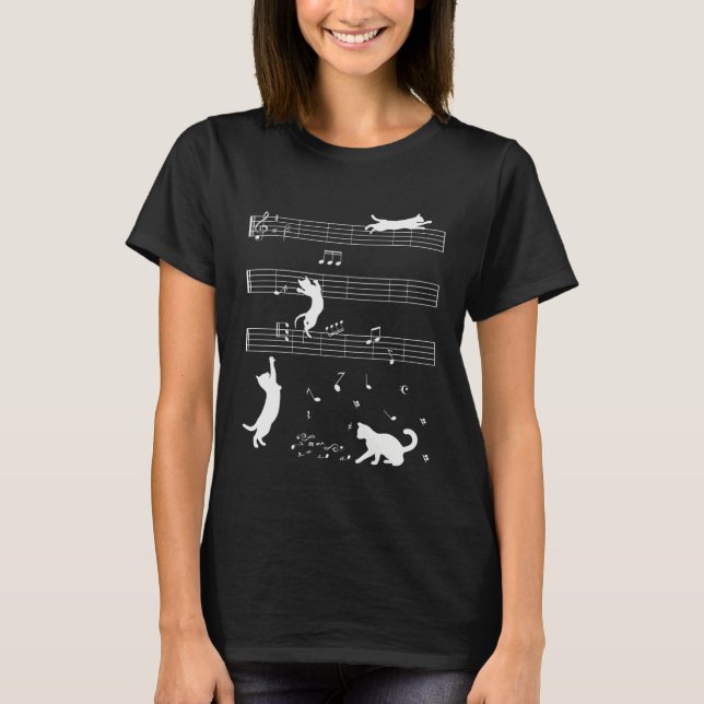 Cute Cat Kitty Playing Music Note Clef Musician T-Shirt (Front)