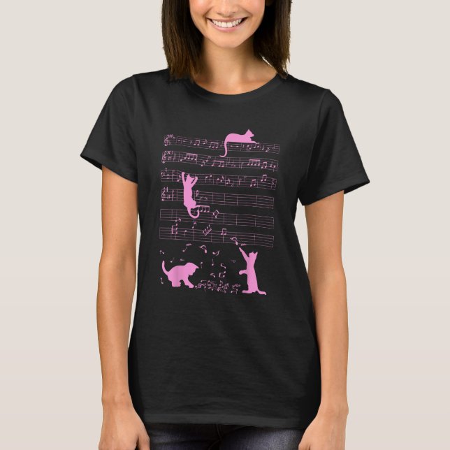 Cute Cat Kitty Playing Music Note Pink Clef Musici T-Shirt (Front)