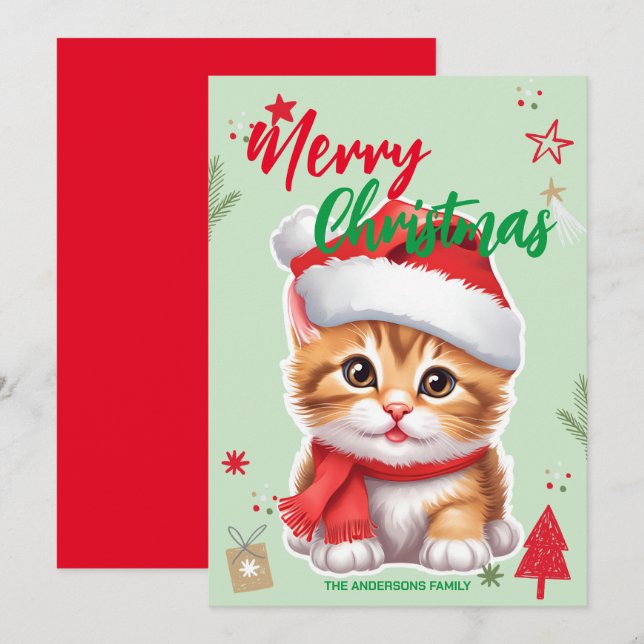 Cute CAT kitty santa Christmas Holiday Family name Card (Front/Back)