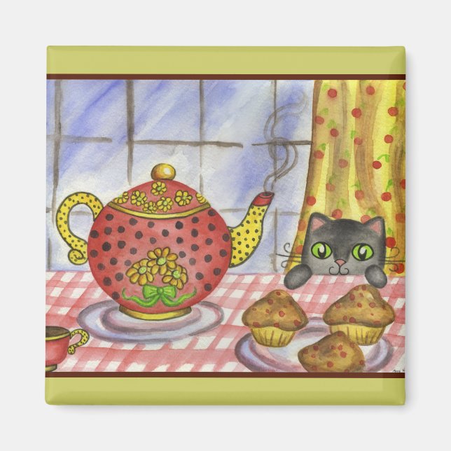 Cute Cat Kitty Teapot Kitchen Magnet Gift (Front)