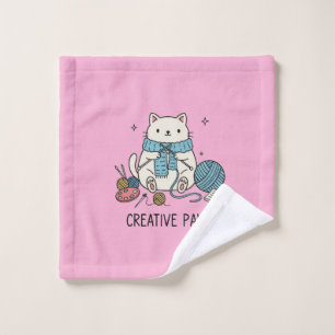Cute Cat Knitting Pink Yarn Creative Hobby Design Wash Cloth