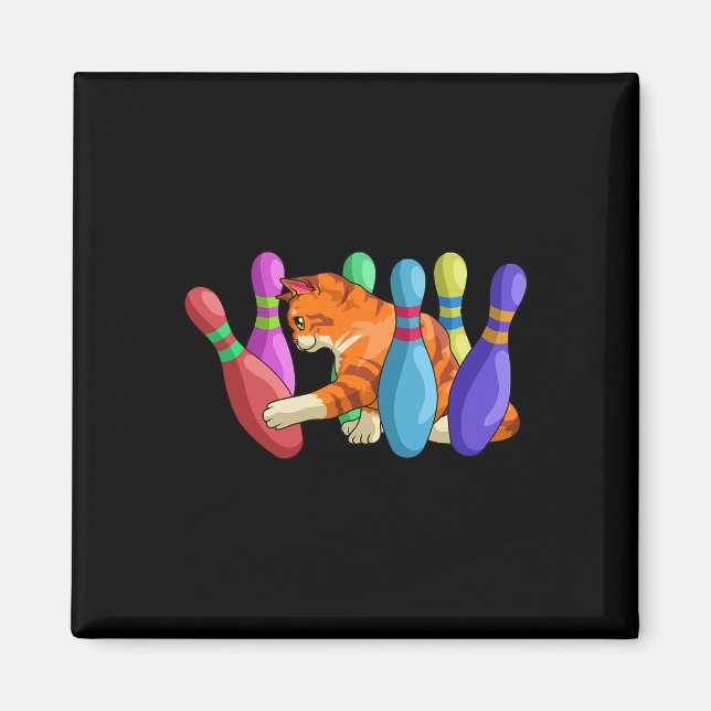 Cute Cat Knocking Over Bowling Pins Kitty Bowlers  Magnet (Front)