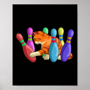 Cute Cat Knocking Over Bowling Pins Kitty Bowlers Poster