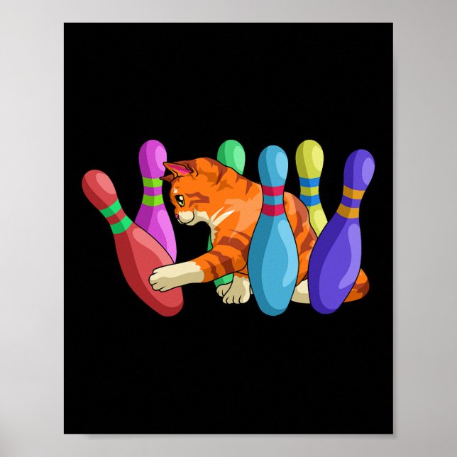 Cute Cat Knocking Over Bowling Pins Kitty Bowlers  Poster (Front)