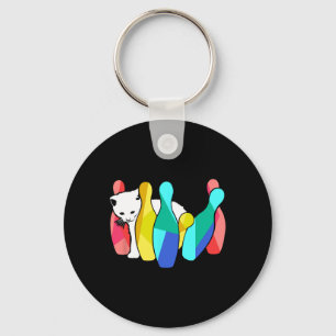 Cute Cat Knocking Over Bowling Pins Kitty Key Ring