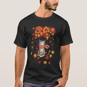 Cute Cat Leaf Fall Tree Hello Autumn Thanksgiving T-Shirt