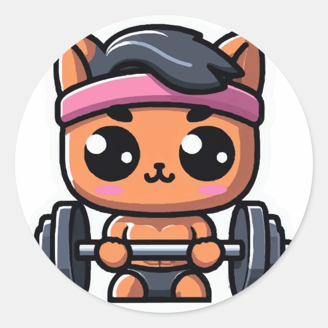 Cute Cat Lifting Weights Classic Round Sticker (Front)