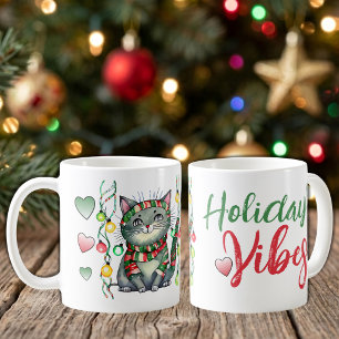 Cute cat lights holiday vibes Christmas Coffee Mug