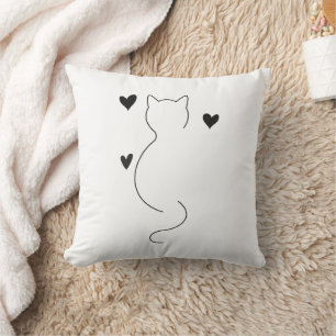 Cute cat line drawing, with three hearts cushion