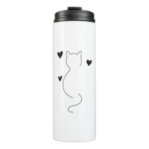 Cute cat line drawing, with three hearts thermal tumbler