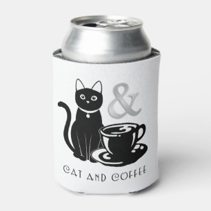 Cute Cat Lover Coffee Lover Black and White Can Cooler