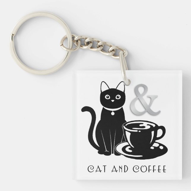 Cute Cat Lover Coffee Lover Black and White Key Ring (Front)