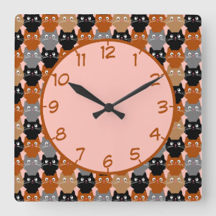 Cute Cat Lover Feline Kittens Pattern Square Wall Clock