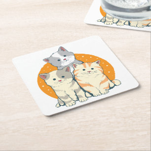 Cute Cat Lover Gift Kittens Kitty Grey Orange Cats Square Paper Coaster