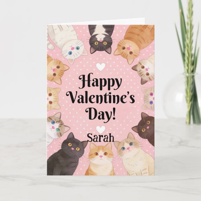 Cute Cat Lover Polka Dots Happy Valentine's Day  Card (Front)