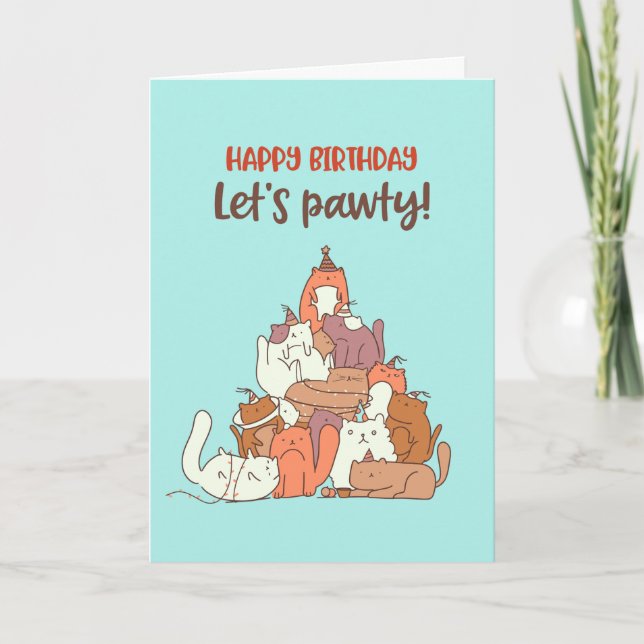 Cute Cat Lover Pun Let's Pawty Funny Birthday Card (Front)