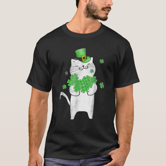 Cute Cat Lover Shamrock St Patricks Day Meowy Iris T-Shirt (Front)