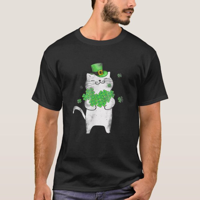Cute Cat Lover Shamrock St Patricks Day Meowy Iris T-Shirt (Front)