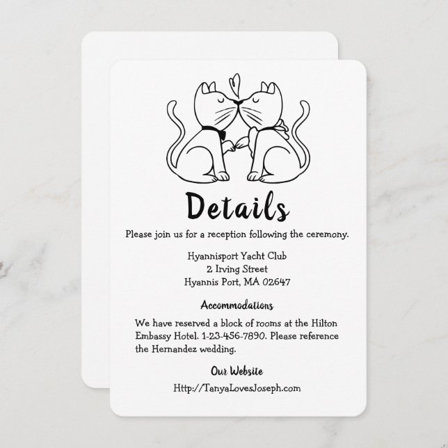Cute Cat Lovers Kitty Black White Wedding Details Invitation (Front/Back)