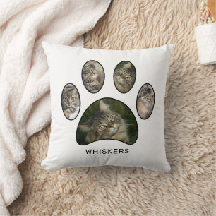 Cute Cat Lovers Paw Print Name Photo Collage Cushion